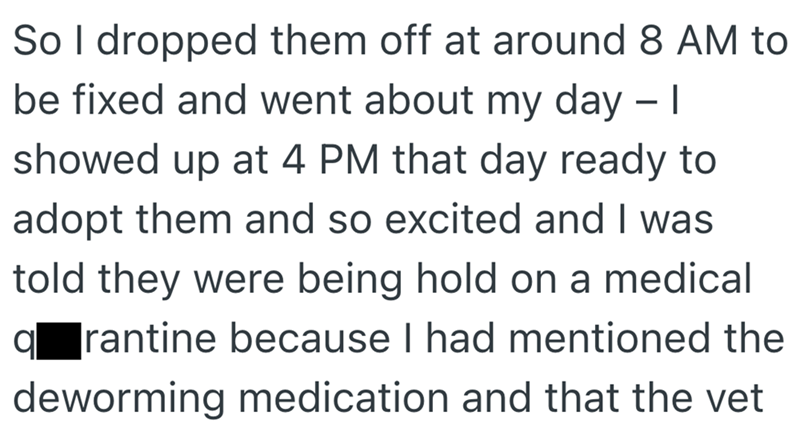 So I dropped them off at around 8 AM to be fixed and went about my day - I showed up at 4 PM that day ready to adopt them and so excited and I was told they were being hold on a medical qarantine because I had mentioned the deworming medication and that the vet