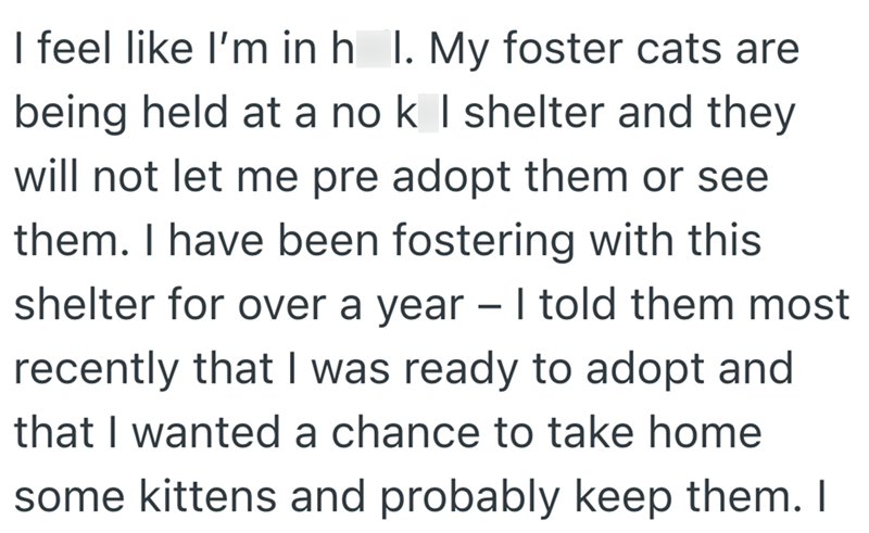 I feel like I'm in h I. My foster cats are being held at a no k I shelter and they will not let me pre adopt them or see them. I have been fostering with this shelter for over a year - I told them most recently that I was ready to adopt and that I wanted a chance to take home some kittens and probably keep them. I