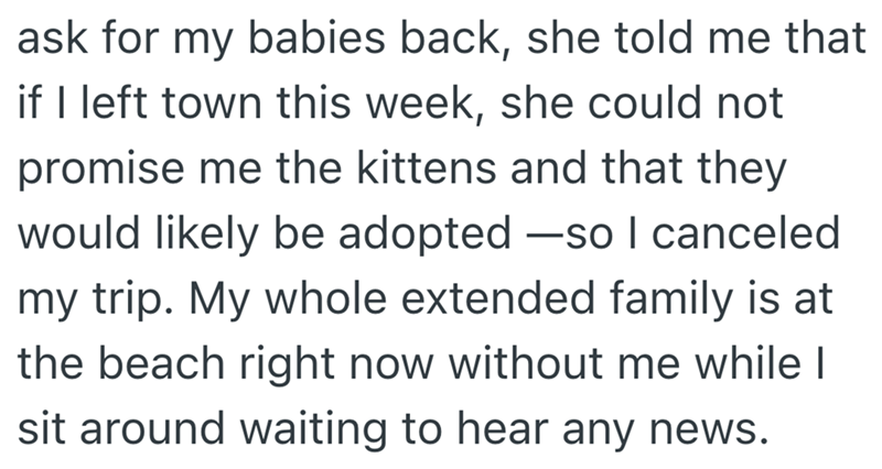 ask for my babies back, she told me that if I left town this week, she could not promise me the kittens and that they would likely be adopted -so I canceled my trip. My whole extended family is at the beach right now without me while I sit around waiting to hear any news.