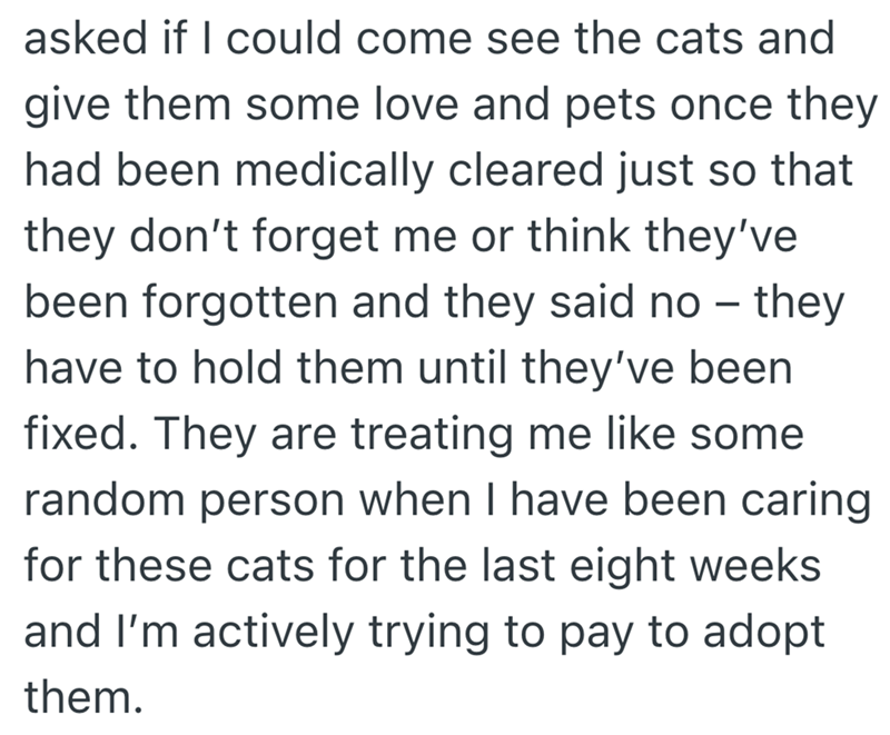 asked if I could come see the cats and give them some love and pets once they had been medically cleared just so that they don't forget me or think they've been forgotten and they said no - they have to hold them until they've been fixed. They are treating me like some random person when I have been caring for these cats for the last eight weeks and I'm actively trying to pay to adopt them.