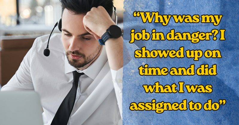 Headset worker looks down beside bold yellow quote text on a blue textured background. “Why was my job in danger? I showed up on time and did what I was assigned to do”