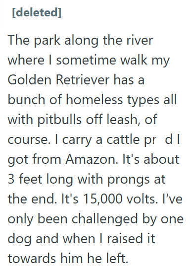 [deleted] The park along the river where I sometime walk my Golden Retriever has a bunch of homeless types all with pitbulls off leash, of course. I carry a cattle pr d I got from Amazon. It's about 3 feet long with prongs at the end. It's 15,000 volts. I've only been challenged by one dog and when I raised it towards him he left.