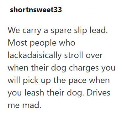 shortnsweet33 We carry a spare slip lead. Most people who lackadaisically stroll over when their dog charges you will pick up the pace when you leash their dog. Drives me mad.