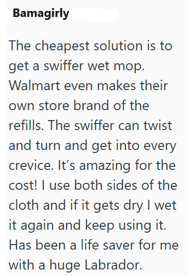 Bamagirly The cheapest solution is to get a swiffer wet mop. Walmart even makes their own store brand of the refills. The swiffer can twist and turn and get into every crevice. It's amazing for the cost! I use both sides of the cloth and if it gets dry I wet it again and keep using it. Has been a life saver for me with a huge Labrador.