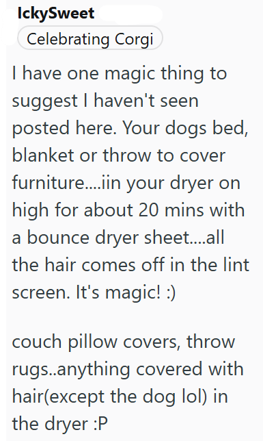 IckySweet Celebrating Corgi I have one magic thing to suggest I haven't seen posted here. Your dogs bed, blanket or throw to cover furniture.....in your dryer on high for about 20 mins with a bounce dryer sheet...all the hair comes off in the lint screen. It's magic! :) couch pillow covers, throw rugs..anything covered with hair(except the dog lol) in the dryer :P