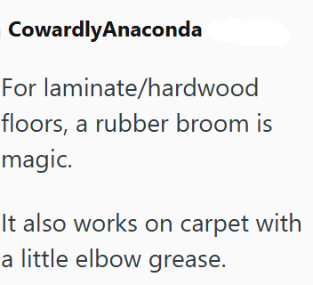 CowardlyAnaconda For laminate/hardwood floors, a rubber broom is magic. It also works on carpet with a little elbow grease.