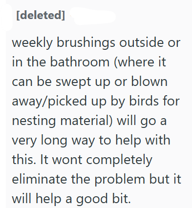 [deleted] weekly brushings outside or in the bathroom (where it can be swept up or blown away/picked up by birds for nesting material) will go a very long way to help with this. It wont completely eliminate the problem but it will help a good bit.