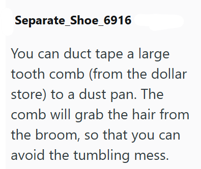 Separate Shoe_6916 You can duct tape a large tooth comb (from the dollar store) to a dust pan. The comb will grab the hair from the broom, so that you can avoid the tumbling mess.