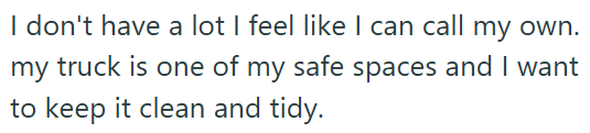I don't have a lot I feel like I can call my own. my truck is one of my safe spaces and I want to keep it clean and tidy.
