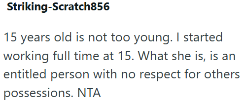 Striking-Scratch856 15 years old is not too young. I started working full time at 15. What she is, is an entitled person with no respect for others possessions. NTA