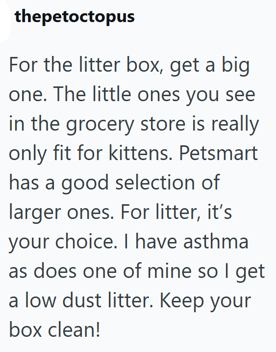 thepetoctopus For the litter box, get a big one. The little ones you see in the grocery store is really only fit for kittens. Petsmart has a good selection of larger ones. For litter, it's your choice. I have asthma as does one of mine so I get a low dust litter. Keep your box clean!
