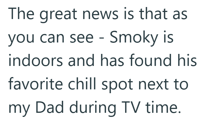 The great news is that as you can see - Smoky is indoors and has found his favorite chill spot next to my Dad during TV time.