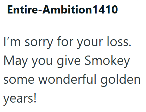 Entire-Ambition 1410 I'm sorry for your loss. May you give Smokey some wonderful golden years!