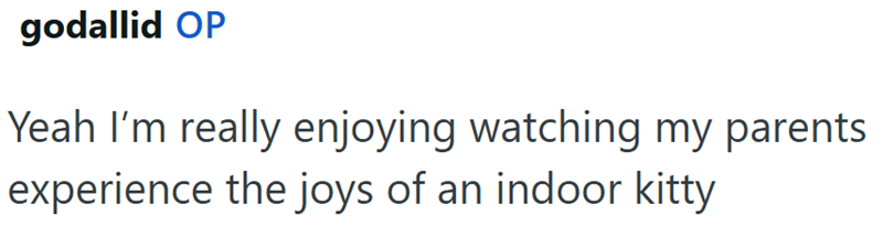 godallid OP Yeah I'm really enjoying watching my parents experience the joys of an indoor kitty