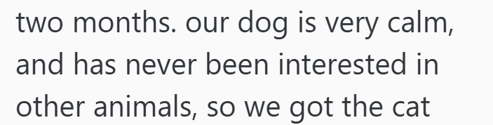 two months. our dog is very calm, and has never been interested in other animals, so we got the cat
