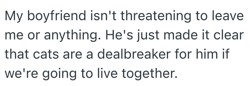 My boyfriend isn't threatening to leave. me or anything. He's just made it clear that cats are a dealbreaker for him if we're going to live together.