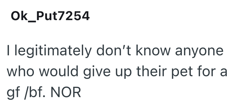Ok_Put7254 I legitimately don't know anyone who would give up their pet for a gf /bf. NOR