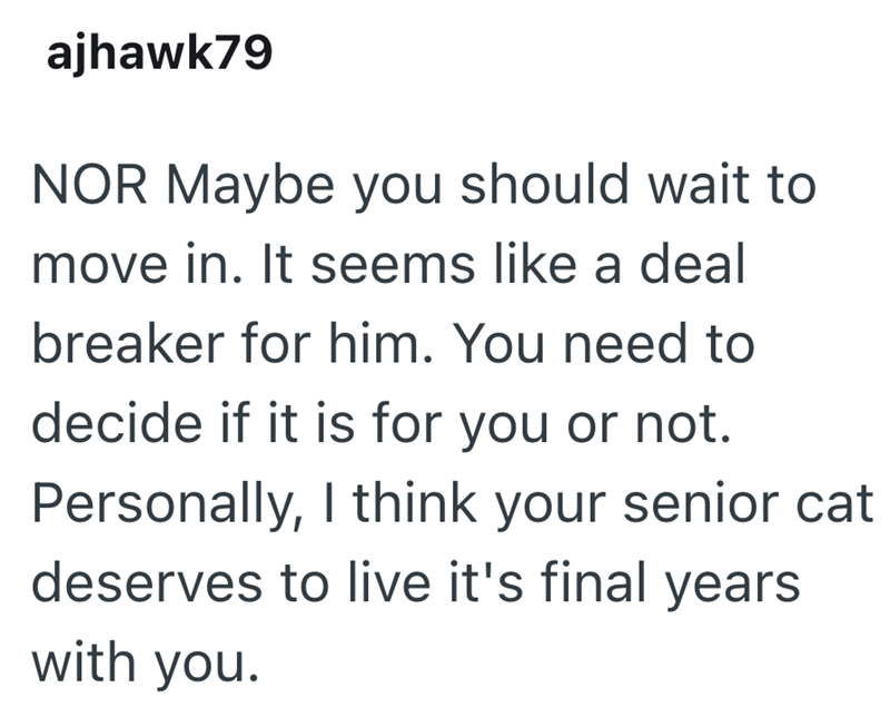 ajhawk79 NOR Maybe you should wait to move in. It seems like a deal breaker for him. You need to decide if it is for you or not. Personally, I think your senior cat deserves to live it's final years with you.