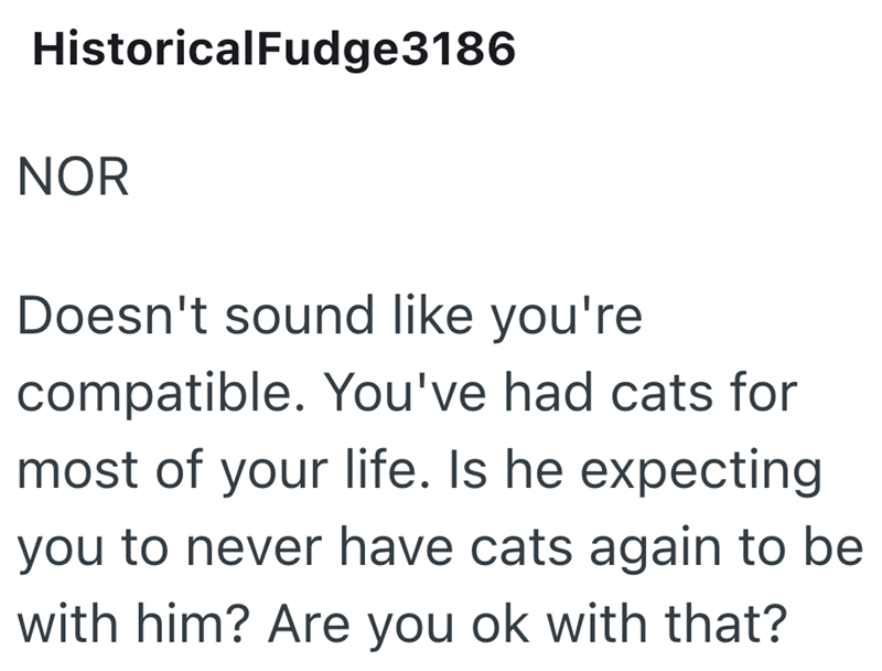 HistoricalFudge3186 NOR Doesn't sound like you're compatible. You've had cats for most of your life. Is he expecting you to never have cats again to be with him? Are you ok with that?