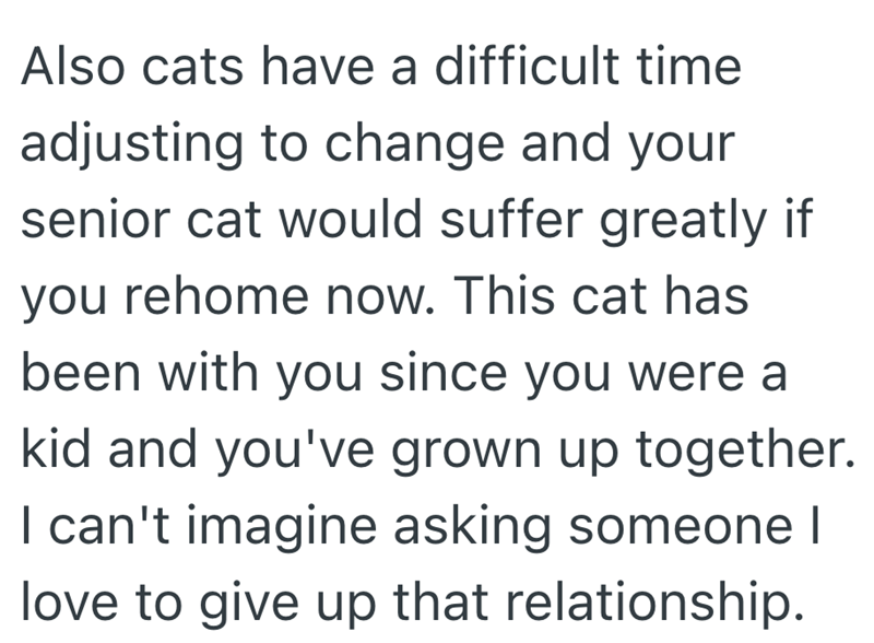 Also cats have a difficult time adjusting to change and your senior cat would suffer greatly if you rehome now. This cat has been with you since you were a kid and you've grown up together. I can't imagine asking someone I love to give up that relationship.