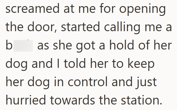 screamed at me for opening the door, started calling me a b as she got a hold of her dog and I told her to keep her dog in control and just hurried towards the station.