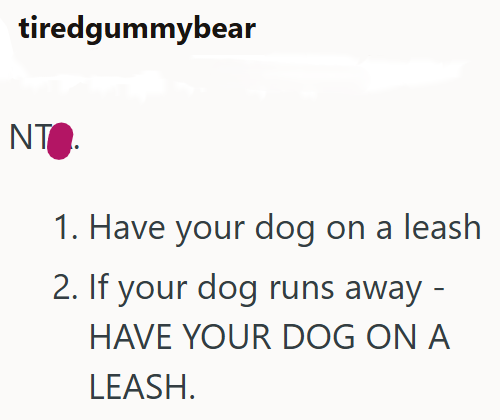 tiredgummybear NTO. 1. Have your dog on a leash 2. If your dog runs away - HAVE YOUR DOG ON A LEASH.