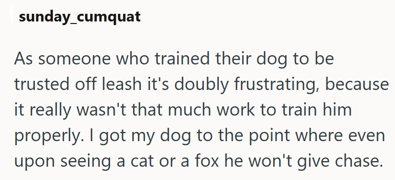 sunday_cumquat As someone who trained their dog to be trusted off leash it's doubly frustrating, because it really wasn't that much work to train him properly. I got my dog to the point where even upon seeing a cat or a fox he won't give chase.