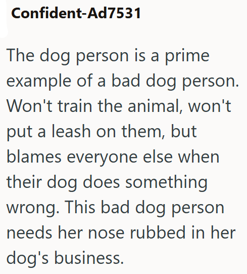 Confident-Ad7531 The dog person is a prime example of a bad dog person. Won't train the animal, won't put a leash on them, but blames everyone else when their dog does something. wrong. This bad dog person needs her nose rubbed in her dog's business.
