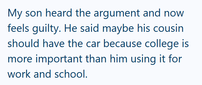 My son heard the argument and now feels guilty. He said maybe his cousin should have the car because college is more important than him using it for work and school.