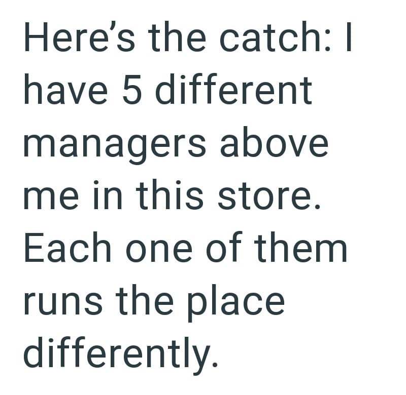 Here's the catch: I have 5 different managers above me in this store. Each one of them runs the place differently.