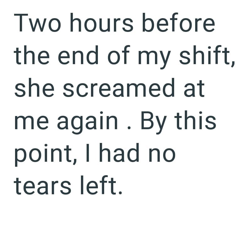 Two hours before the end of my shift, she screamed at me again. By this point, I had no tears left.