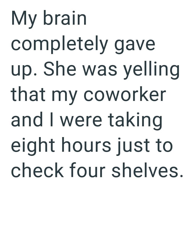 My brain completely gave up. She was yelling that my coworker and I were taking eight hours just to check four shelves.