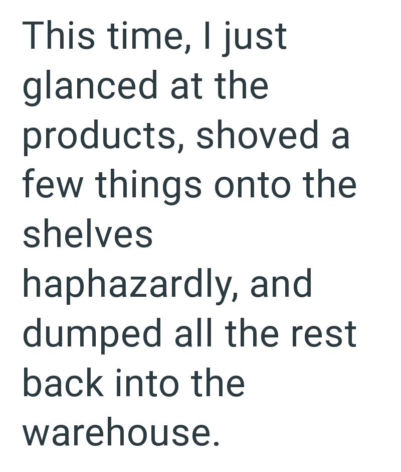 This time, I just glanced at the products, shoved a few things onto the shelves haphazardly, and dumped all the rest back into the warehouse.