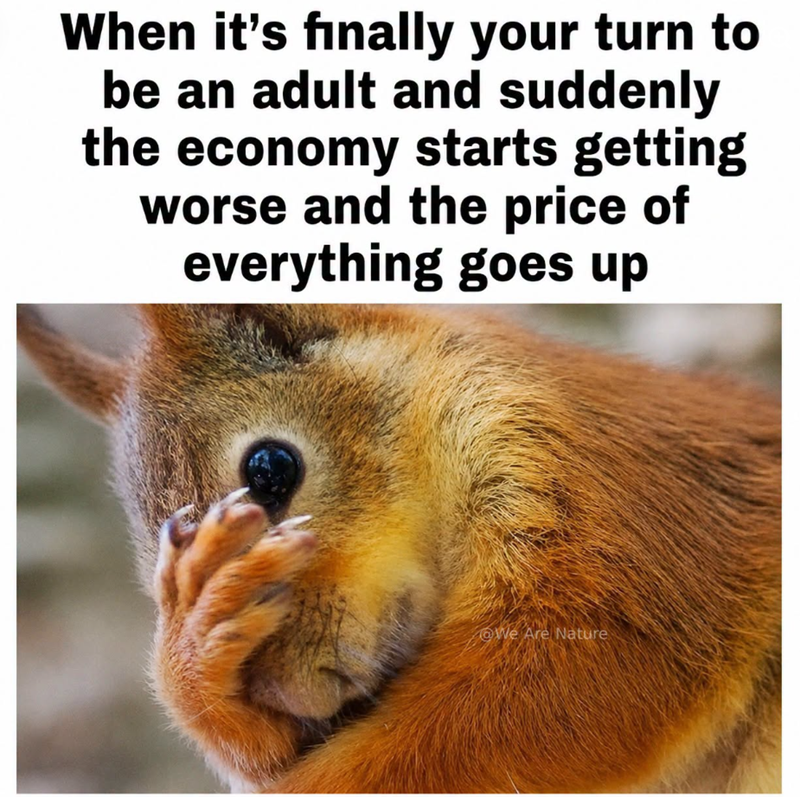 When it's finally your turn to be an adult and suddenly the economy starts getting worse and the price of everything goes up We Are Nature