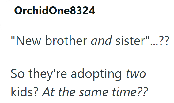OrchidOne8324 "New brother and sister"...?? So they're adopting two kids? At the same time??