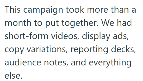 This campaign took more than a month to put together. We had short-form videos, display ads, copy variations, reporting decks, audience notes, and everything else.