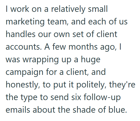 I work on a relatively small marketing team, and each of us handles our own set of client accounts. A few months ago, I was wrapping up a huge campaign for a client, and honestly, to put it politely, they're the type to send six follow-up emails about the shade of blue.