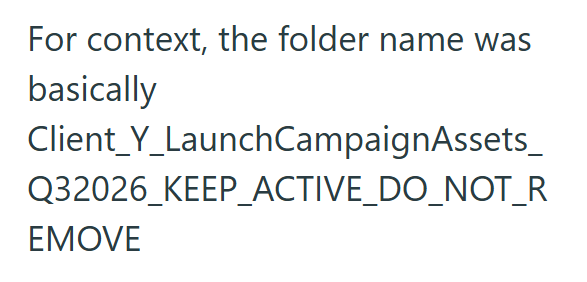 For context, the folder name was basically Client_Y_LaunchCampaignAssets_ Q32026_KEEP_ACTIVE_DO_NOT_R EMOVE