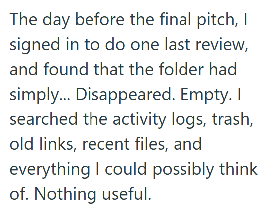 The day before the final pitch, I signed in to do one last review, and found that the folder had simply... Disappeared. Empty. I searched the activity logs, trash, old links, recent files, and everything I could possibly think of. Nothing useful.