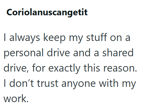Coriolanuscangetit I always keep my stuff on a personal drive and a shared drive, for exactly this reason. I don't trust anyone with my work.