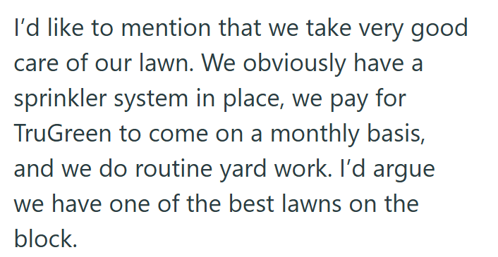 I'd like to mention that we take very good care of our lawn. We obviously have a sprinkler system in place, we pay for TruGreen to come on a monthly basis, and we do routine yard work. I'd argue we have one of the best lawns on the block.