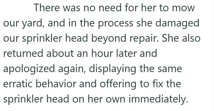 There was no need for her to mow our yard, and in the process she damaged our sprinkler head beyond repair. She also returned about an hour later and apologized again, displaying the same erratic behavior and offering to fix the sprinkler head on her own immediately.