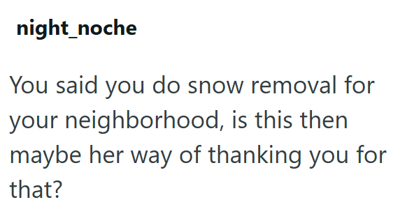 night_noche You said you do snow removal for your neighborhood, is this then maybe her way of thanking you for that?