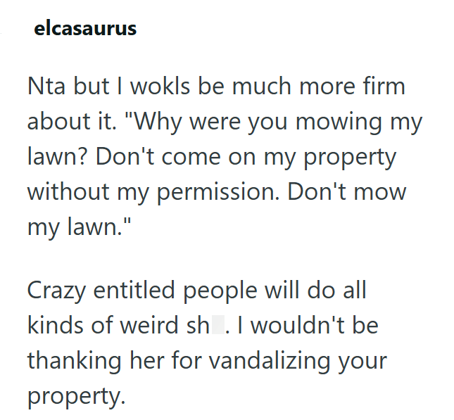 elcasaurus Nta but I wokls be much more firm about it. "Why were you mowing my lawn? Don't come on my property without my permission. Don't mow my lawn." Crazy entitled people will do all kinds of weird sh. I wouldn't be thanking her for vandalizing your property.