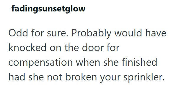 fadingsunsetglow Odd for sure. Probably would have knocked on the door for compensation when she finished had she not broken your sprinkler.