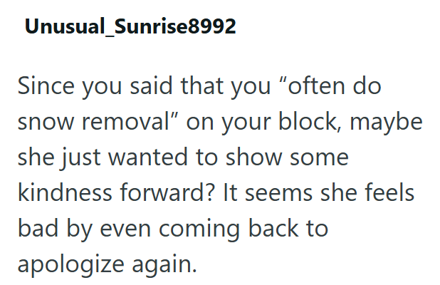 Unusual Sunrise8992 Since you said that you "often do snow removal" on your block, maybe she just wanted to show some kindness forward? It seems she feels bad by even coming back to apologize again.