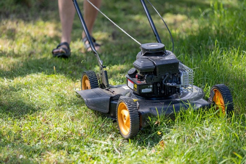 Lawn mower cutting a residential yard similar to the one at the center of the neighborhood dispute.