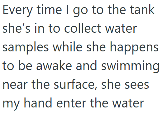 Every time I go to the tank she's in to collect water samples while she happens to be awake and swimming near the surface, she sees my hand enter the water