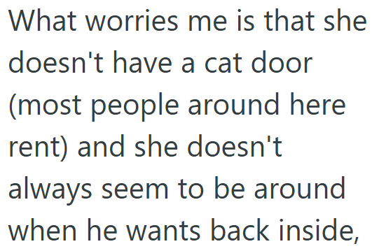 What worries me is that she doesn't have a cat door (most people around here rent) and she doesn't always seem to be around when he wants back inside,