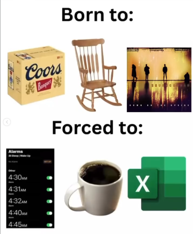 Coors Banquet Born to: 售 Alarms Sleep | Wake Up Other 4:30AM Marm 4:31AM 4:32AM 4:40AM 4:45AM Forced to: X SOUNDGARDEN